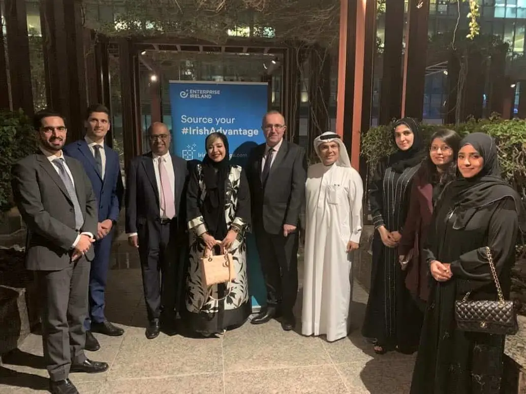 From left to right: Mr Eamon Al Sikafi (Enterprise Ireland), Mr Anthony Cahill (Middle East & Asia Director, iheed), Prof. Sudesh Kumar (Dean of Warwick Medical School), Dr Aisha Al Hamar (alumna), H.E Mr Aidan Cronin  (Ambassador of Ireland to the United Arab Emirates), Abdulmajeed Saif Alkhajeh (DHA), Dr Sumaeya Abdulla (alumna), Dr Shipra Patil (student), and Moniba Khaled (student).