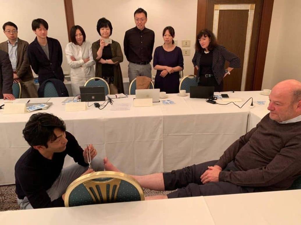 Participants attending University of Warwick Postgraduate Diploma in Diabetes Semester Workshop in Japan – practical foot examination.